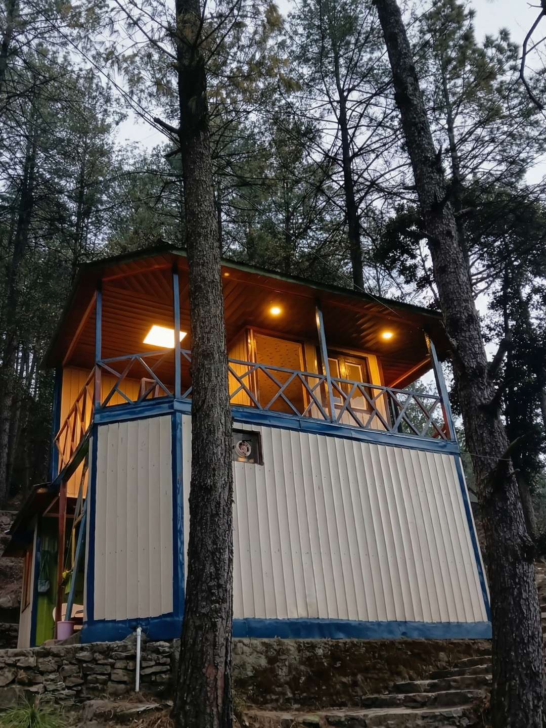Illuminated OmarOne cabin in the woods at dusk